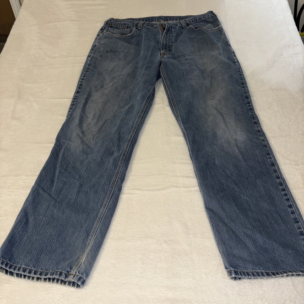 Carhartt Jeans Mens 36x34 Blue Denim Workwear Wide Leg Distressed Baggy